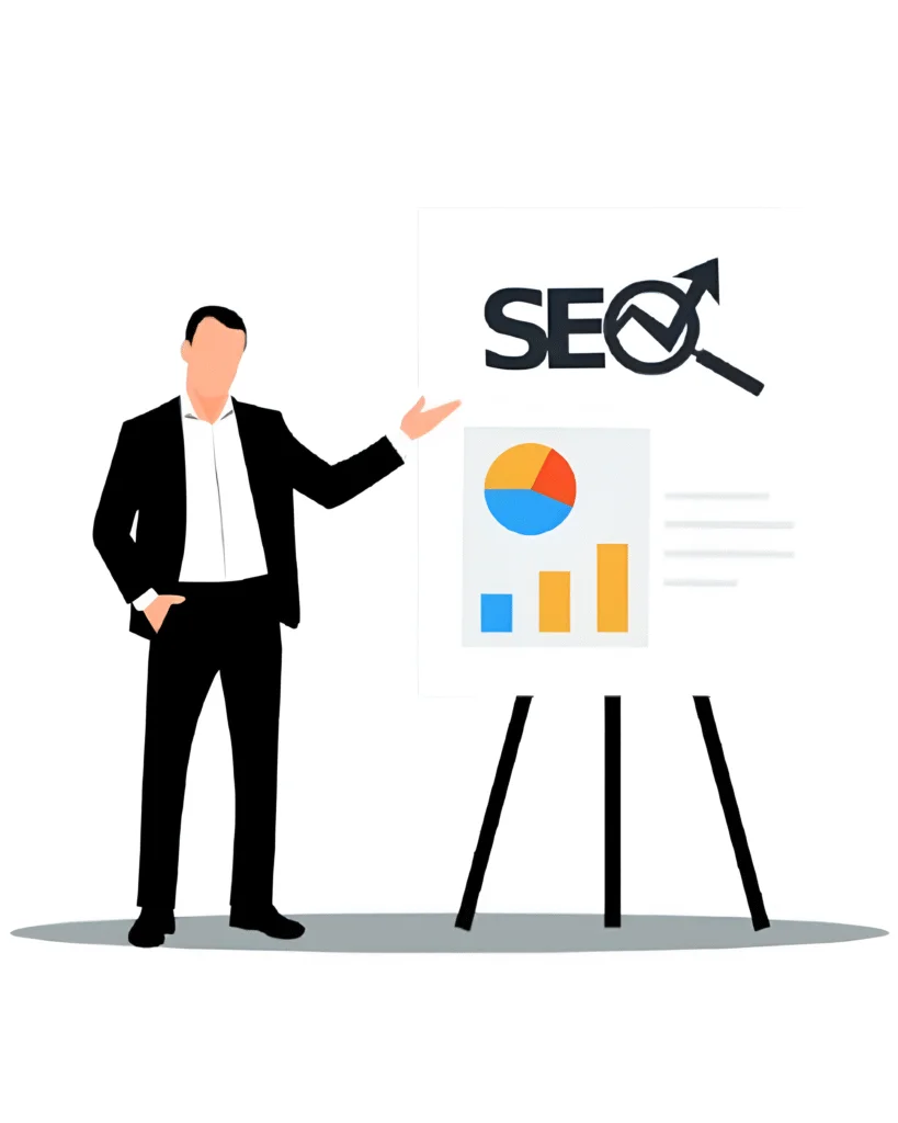 Businessman explaining SEO growth strategy with charts and analytics for handyman SEO services