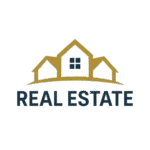Real Estate logo with house roof icon in yellow and bold blue text