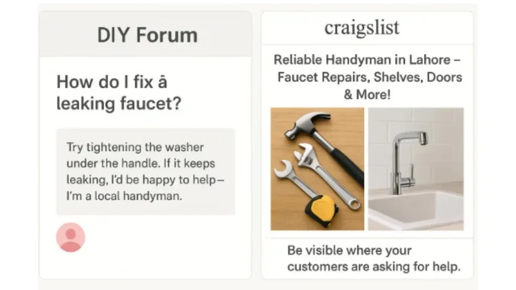 DIY forum post asking how to fix a leaking faucet alongside a Craigslist ad for a reliable handyman in Lahore offering faucet repair and other services.