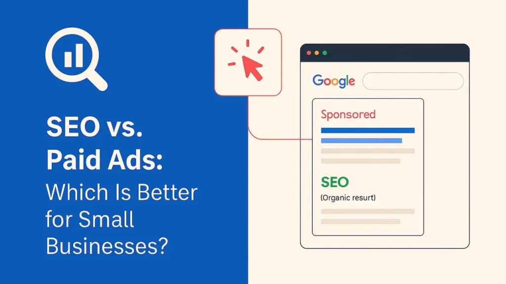 Comparison of SEO vs Paid Ads for small businesses with a Google search results illustration