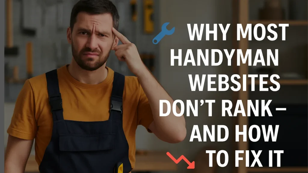 A confused handyman pointing at his head next to text saying “Why Most Handyman Websites Don’t Rank – And How to Fix It,” highlighting SEO issues for local service websites.