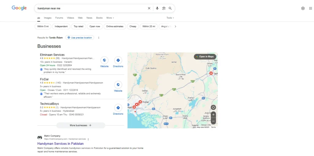 Google search results showing handyman services with business listings and map.