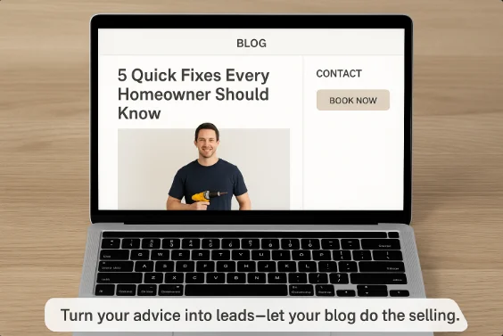 Laptop screen displaying a handyman blog titled “5 Quick Fixes Every Homeowner Should Know” with a “Book Now” button and a call-to-action to turn advice into leads.