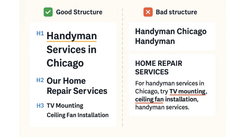 Comparison of good vs. bad SEO header structure for a handyman website.