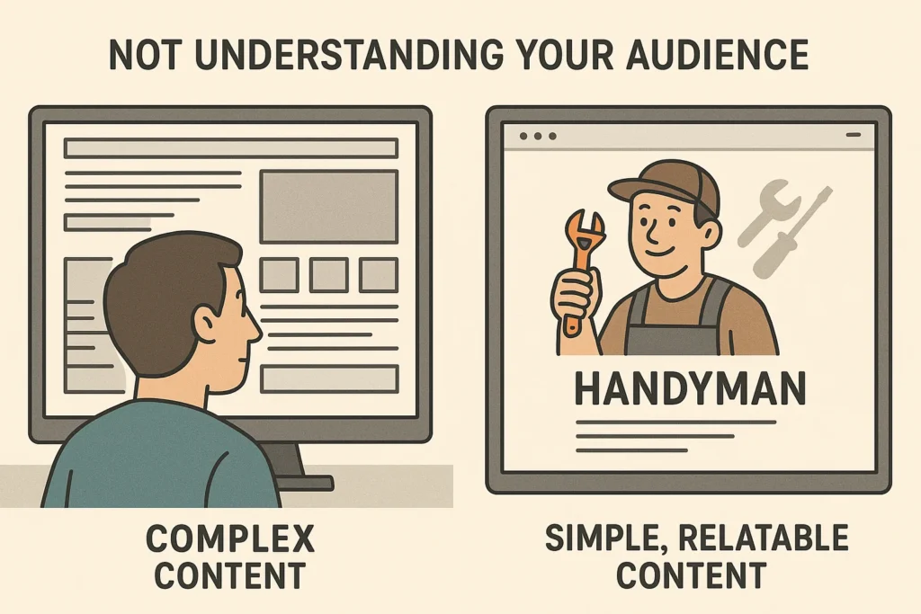 Side-by-side comparison of complex vs simple handyman website design, highlighting the importance of understanding your audience.