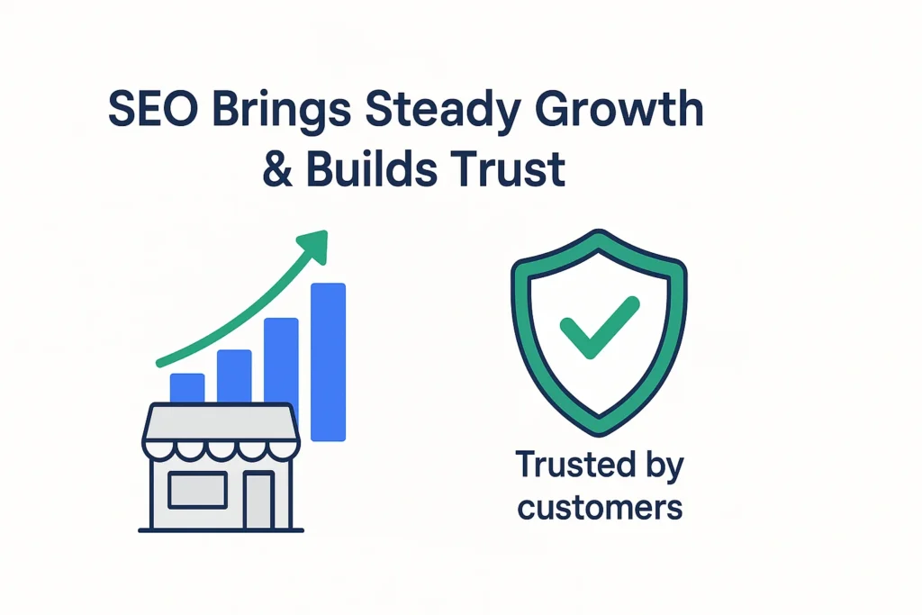 SEO vs. Paid Ads benefits illustration showing business growth chart and customer trust shield icon