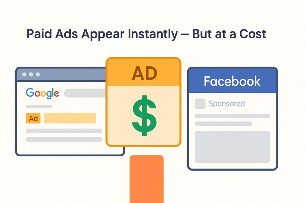 SEO vs. Paid Ads visual comparison showing how paid advertisements on Google and Facebook offer instant visibility but require continuous spending