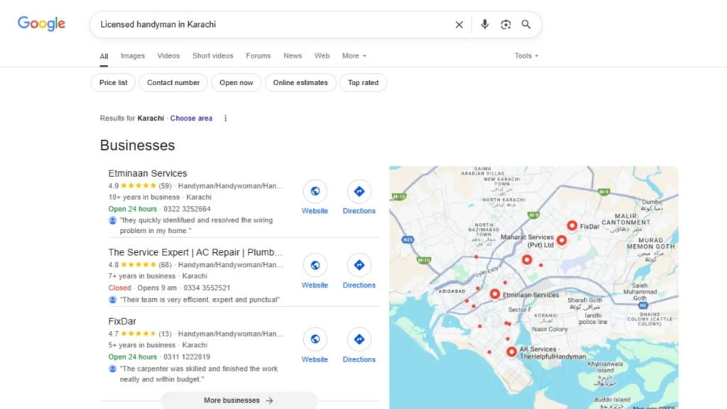 Google search for "Licensed handyman in Karachi" showing how local SEO tips for handyman businesses boost visibility in map and listings.