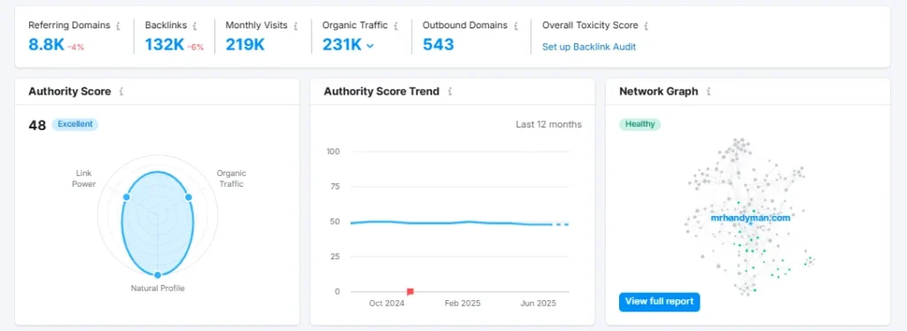 Backlink profile analytics showing 8.8k referring domains, 132k backlinks, 219k monthly visits, and an authority score of 48 — demonstrating strong off-page SEO and link authority.