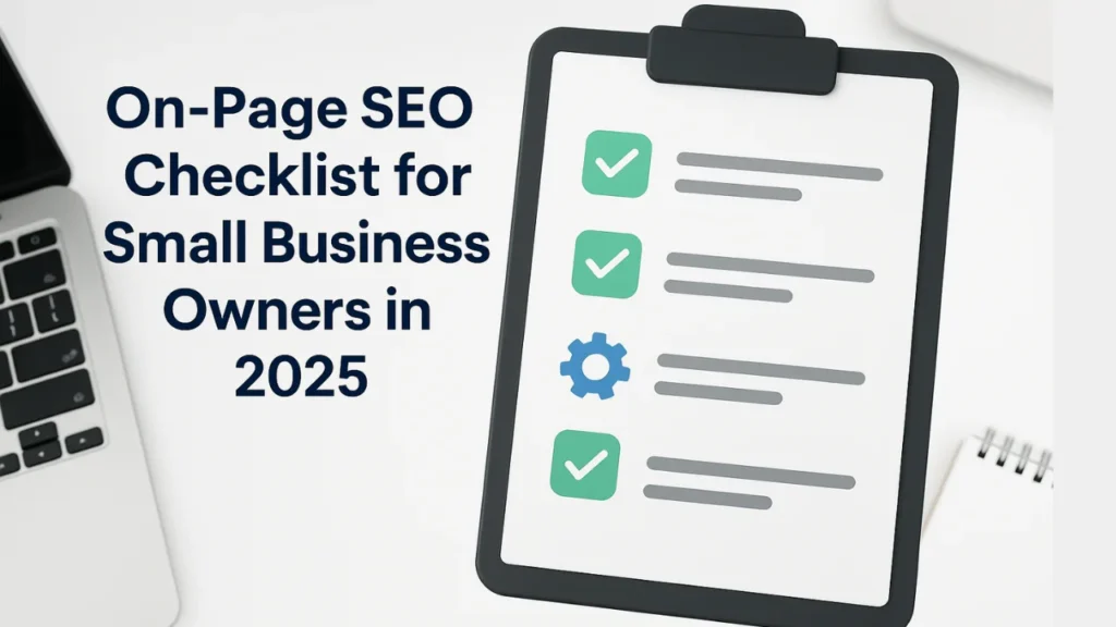 On-Page SEO Checklist 2025 on clipboard beside laptop for small business website optimization.