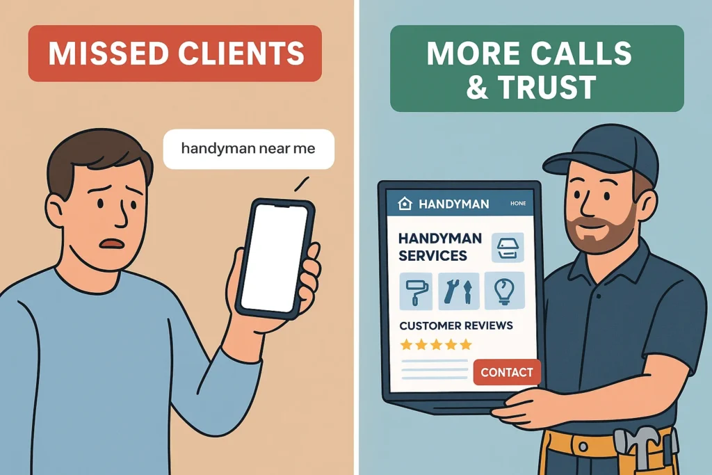Before and after comparison showing how having a website for handyman business improves online visibility, leads, and professionalism compared to having no website.