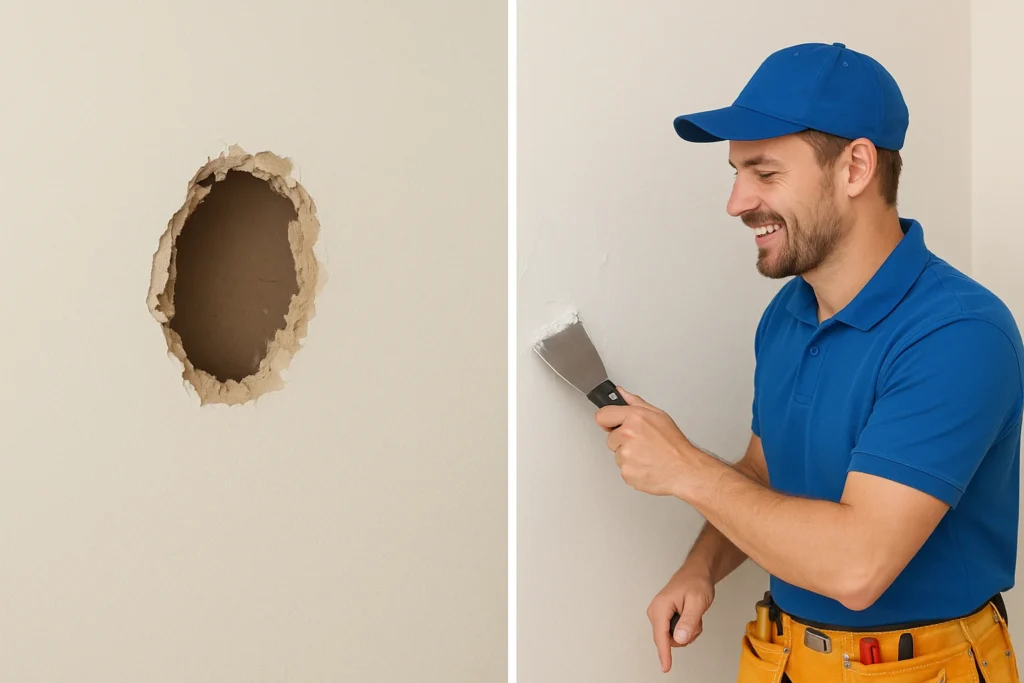 Before-and-after handyman drywall repair showing a large hole fixed to smooth finish, demonstrating professional home repair skills for Google Business Profile post ideas.