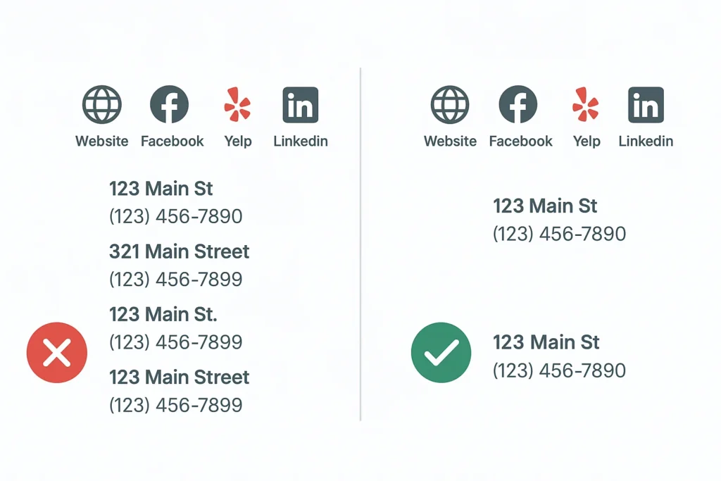 Right vs wrong NAP consistency example showing how to rank your handyman business in Google Maps with matching name, address, and phone number across all platforms.