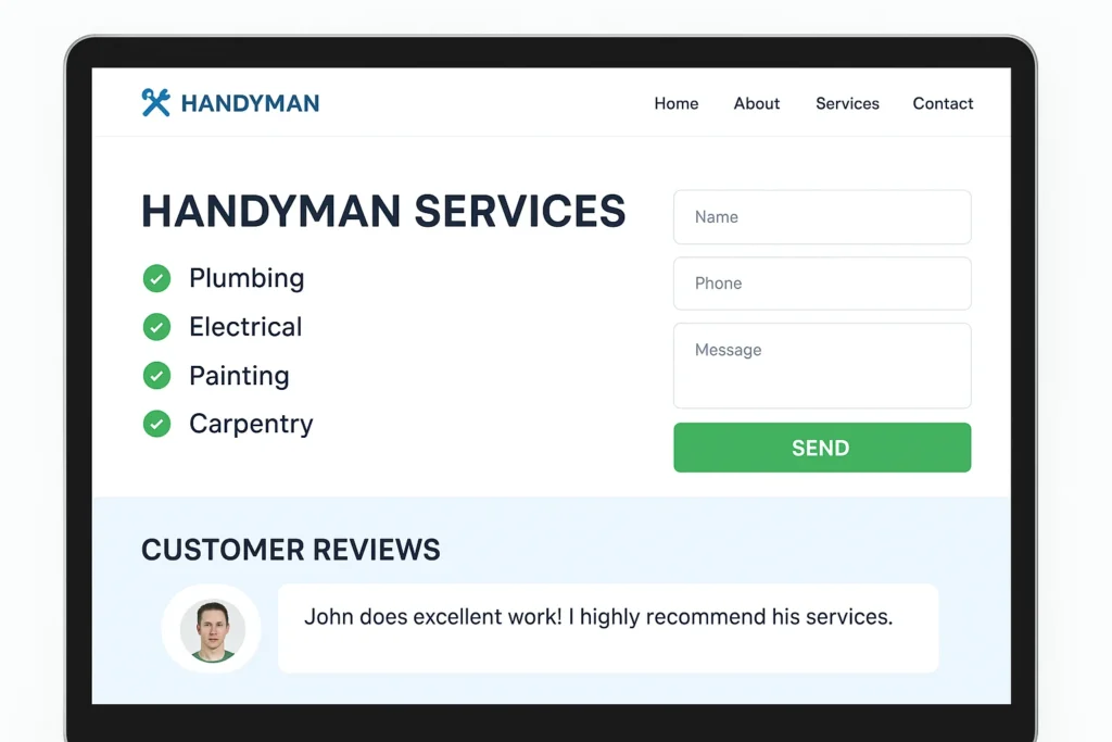 Handyman website homepage mockup showing services list, contact form, and customer reviews in a clean blue, white, and green design.