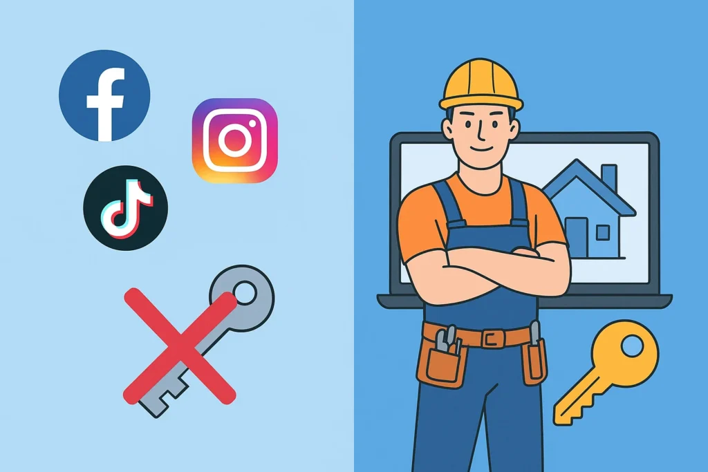 Handyman website ownership vs social media renting illustration.