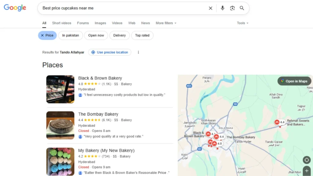 Google search result page showing cupcake bakery listings near Tando Allahyar with pricing and reviews, relevant to the On-Page SEO Checklist for improving local search visibility.