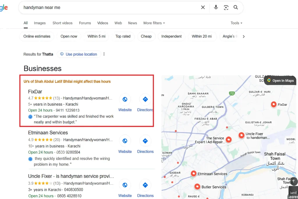 Google search results for handyman near me in Thatta showing FixDar, Etminaan Services, and Uncle Fixer with ratings, contact details, and map locations.