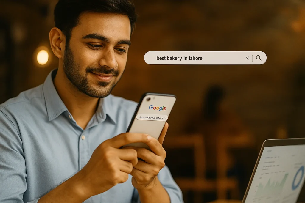 A man searching "best bakery in Lahore" on his phone in a café setting.