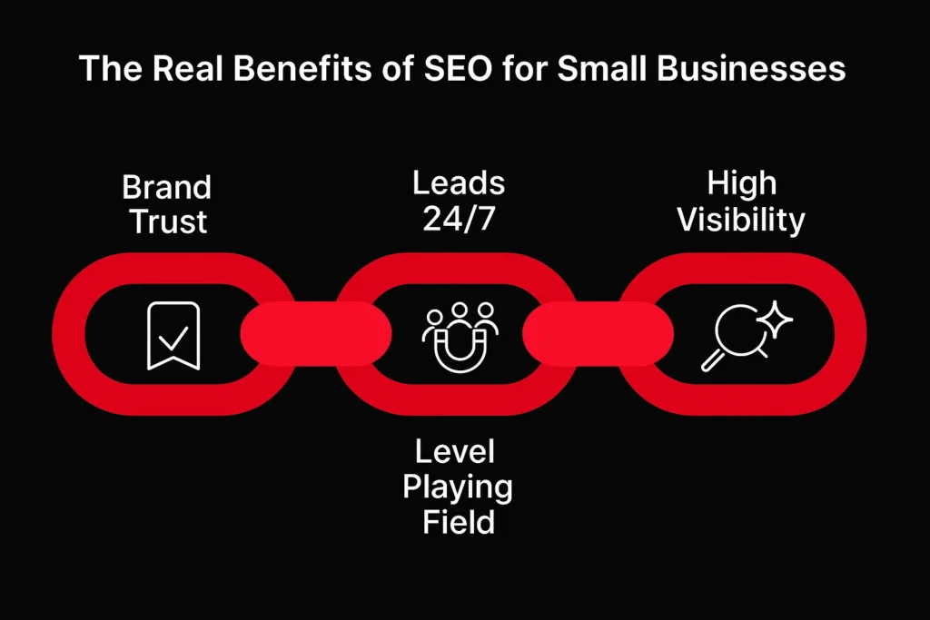 Infographic showing key SEO benefits for small businesses, including brand trust, 24/7 lead generation, high visibility, and a level playing field.