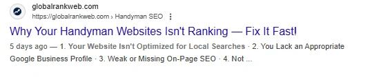 Google search result showing article on why handyman websites aren’t ranking due to local SEO issues, missing Google Business profile, and weak on-page SEO