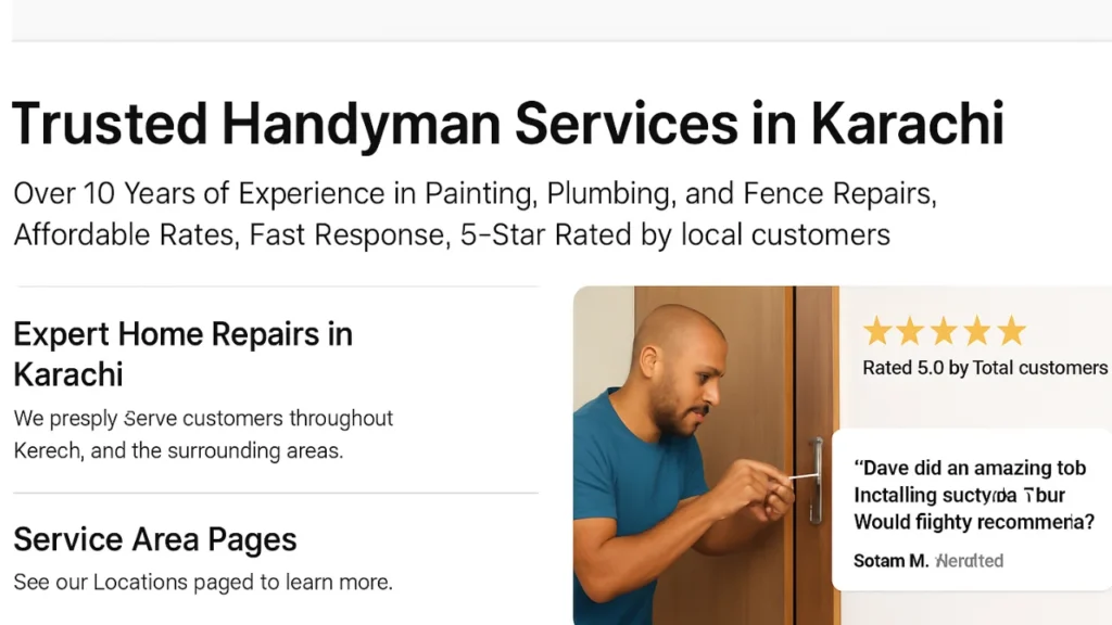 Professional handyman services website mockup for Karachi featuring optimized on-page SEO layout, local service area targeting, and user-friendly design with trust-building elements.