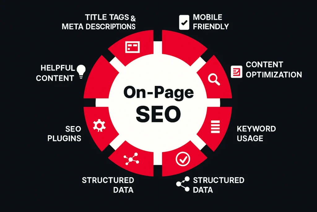 Visual diagram of On-Page SEO elements including title tags, meta descriptions, mobile friendliness, keyword usage, content optimization, structured data, SEO plugins, and helpful content.