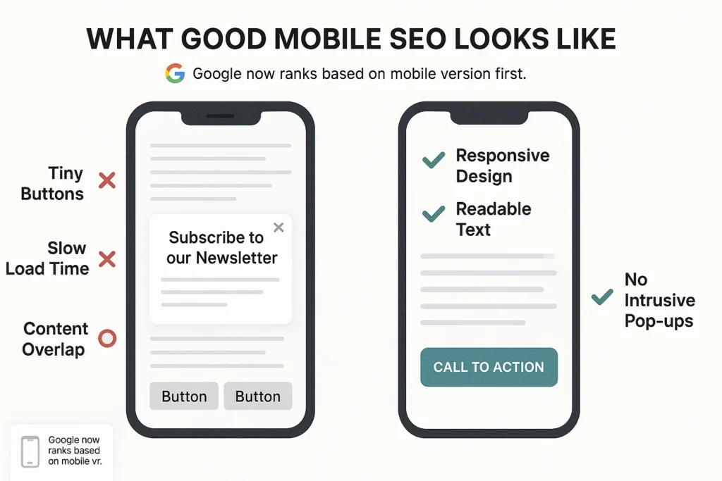 Comparison of bad vs good mobile SEO design showing tiny buttons, slow load time, content overlap vs responsive layout, and readable text.