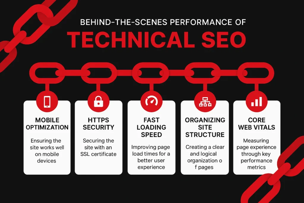 Infographic explaining key elements of technical SEO, including mobile optimization, HTTPS security, loading speed, site structure, and core web vitals.