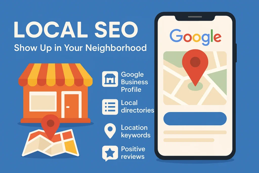 Infographic showing key local SEO tips like Google Business Profile, local directories, location keywords, and customer reviews to boost neighborhood visibility.