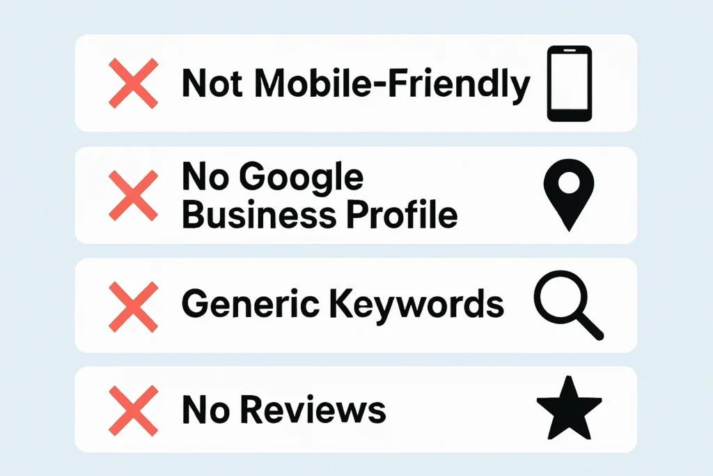 Infographic showing four website issues: not mobile-friendly, no Google Business Profile, generic keywords, and no reviews.