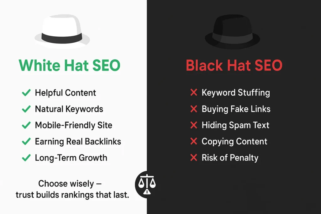 Comparison chart of White Hat SEO vs Black Hat SEO showing ethical long-term strategies versus risky shortcuts like keyword stuffing and fake links.