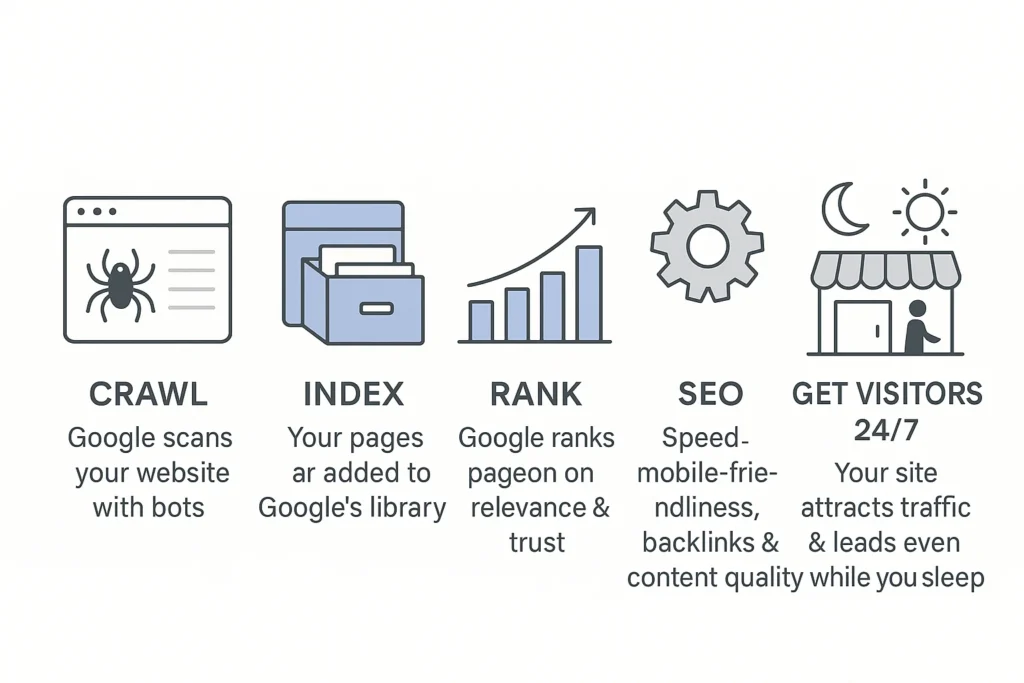 Step-by-step infographic showing how SEO works: crawl, index, rank, optimize, and attract visitors 24/7.
