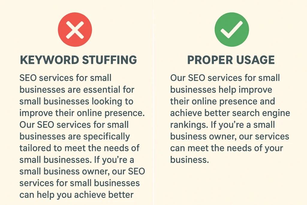 Infographic showing keyword stuffing vs proper SEO keyword usage.