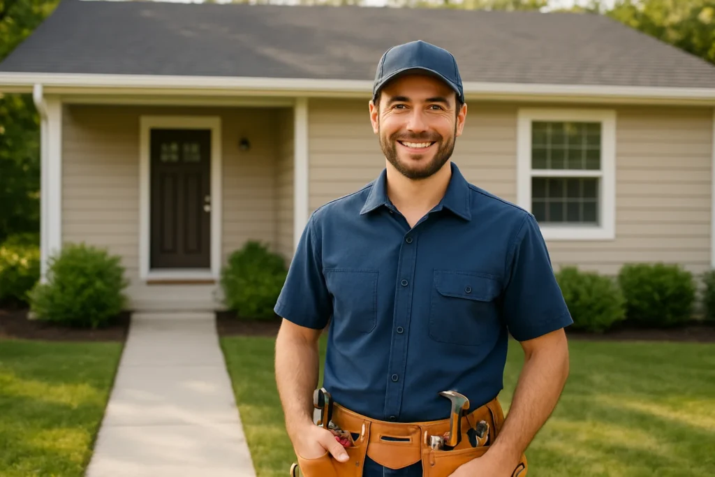 Local handyman standing with tools outside a customer’s home