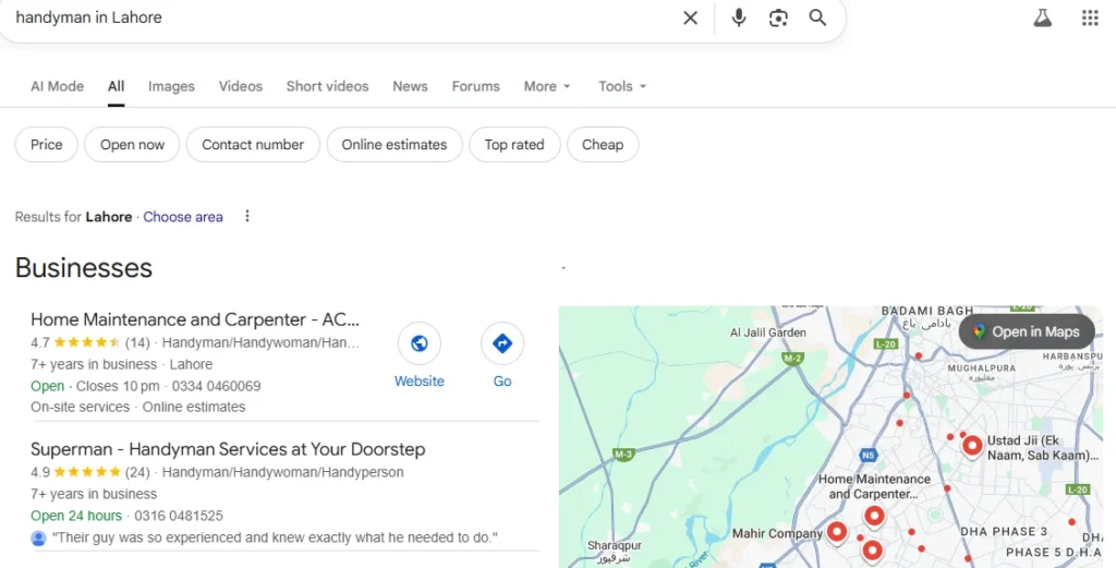 Google search results for handyman in Lahore showing local SEO map pack with business listings.
