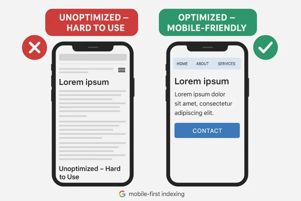Side-by-side infographic showing unoptimized mobile website versus optimized mobile-friendly design.