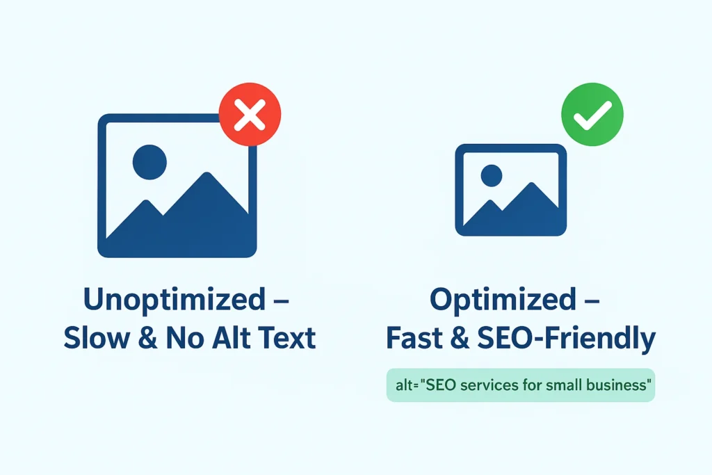 Infographic showing an unoptimized image vs an optimized image with alt text example for better SEO and faster loading.