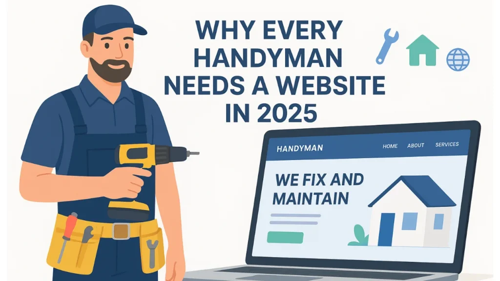Professional handyman in uniform holding tools beside a laptop screen showing a modern website for handyman business in 2025.