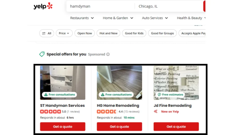 Yelp search results for handyman in Chicago, IL, showing sponsored listings with ratings, reviews, and get a quote buttons.