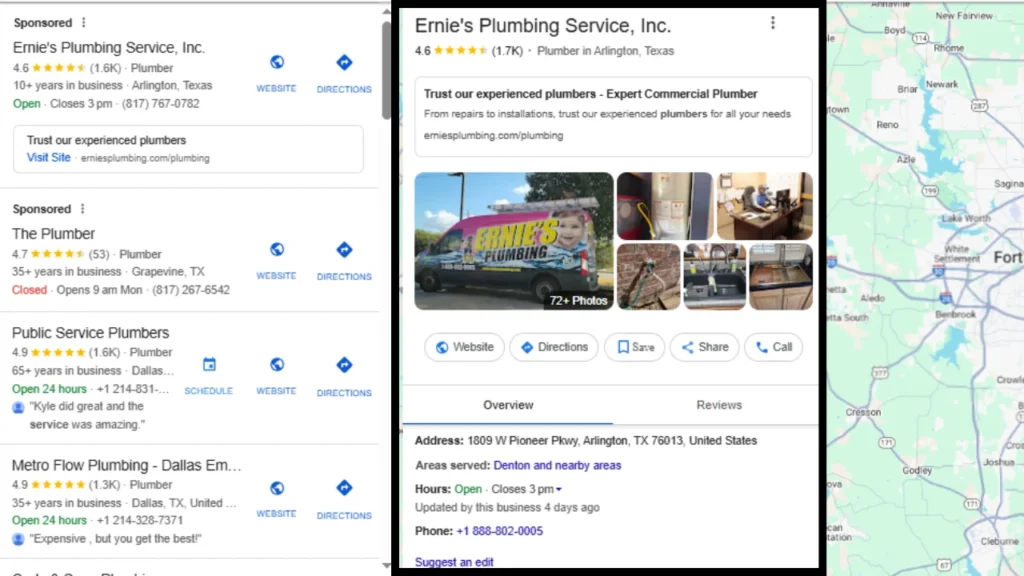 Ernie's Plumbing Service Inc Arlington Texas Google business profile with reviews, contact details, and nearby plumber service listings