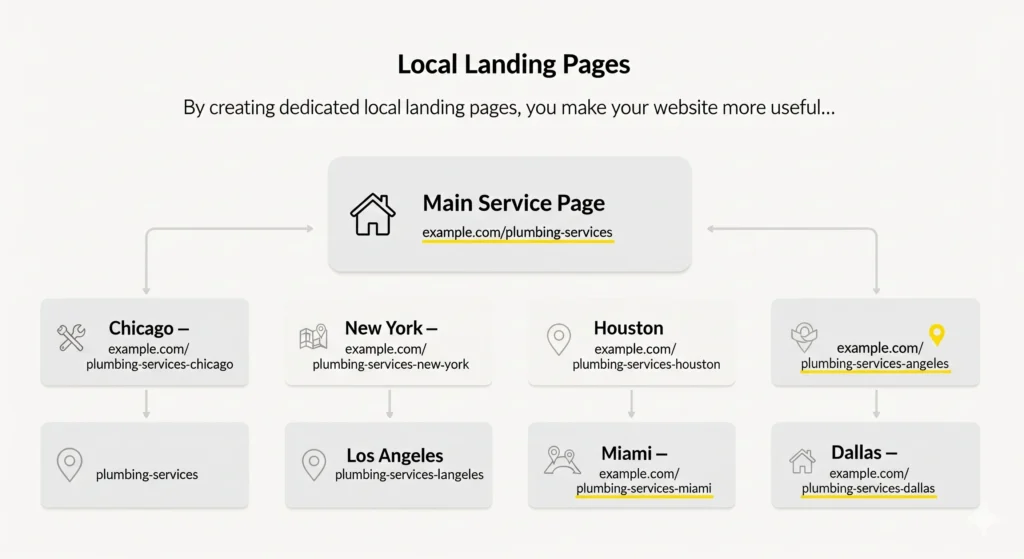 Diagram showing a main plumbing service page with six city landing pages (Chicago, New York, Houston, Los Angeles, Miami, Dallas) and SEO-friendly URL structure highlighted.