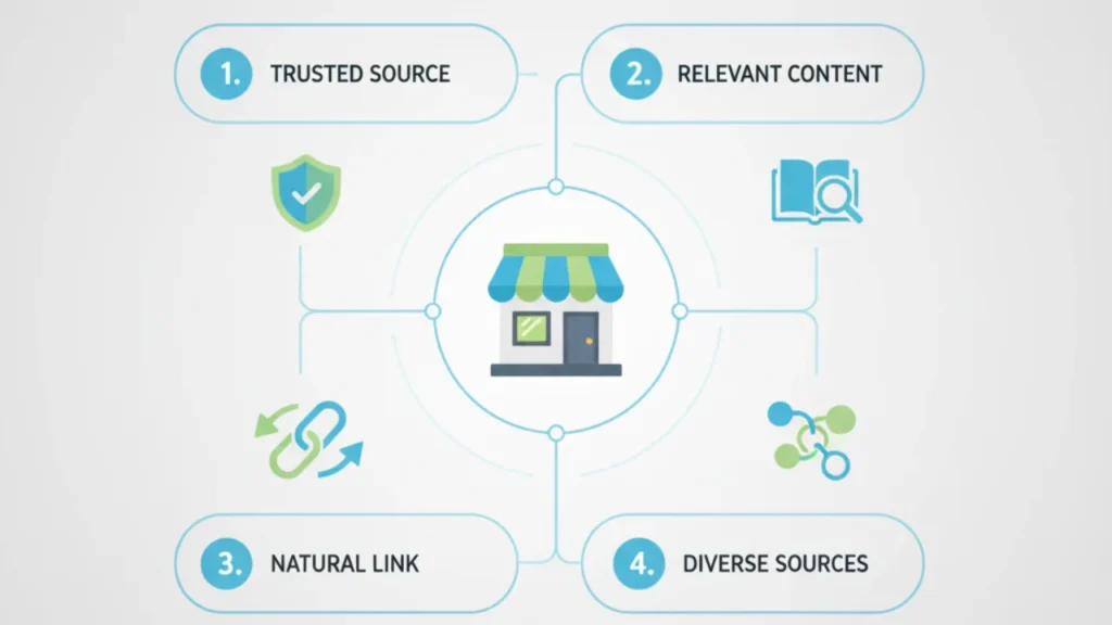 Key factors for small businesses to get quality backlinks: trusted sources, relevant content, natural links, and diverse link sources.