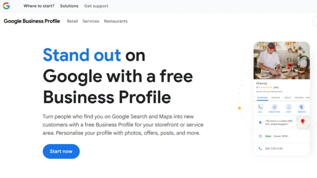 Google Business Profile webpage showing a man running his restaurant and a message encouraging users to create a free business profile.