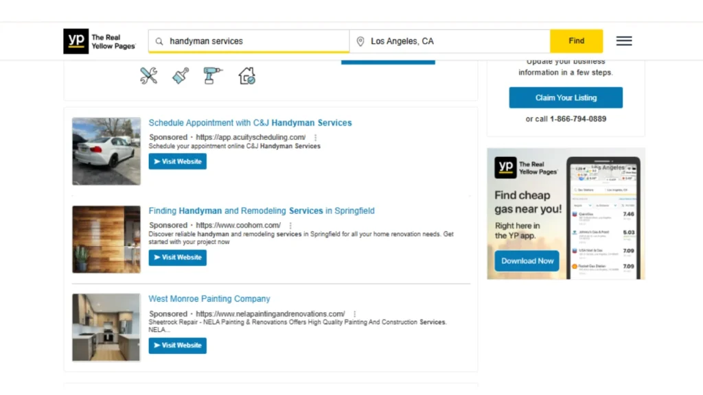 Search results for handyman services in Los Angeles on The Real Yellow Pages website showing different service listings.
