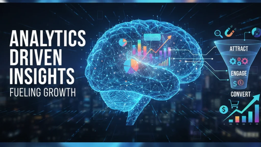 Analytics-driven insights fueling growth: brain illustration with data charts and a marketing funnel showing attract, engage, convert stages.