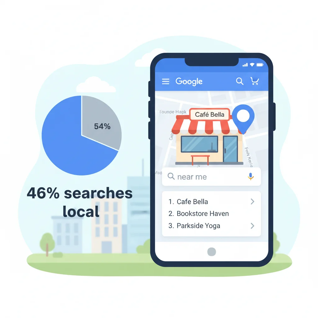 Google Maps illustration showing a storefront with a location pin on a mobile phone screen displaying "near me" search results, and a pie chart indicating 46% local searches.