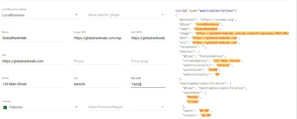 Example of LocalBusiness Schema in JSON-LD format showing how a local business’s name, address, and hours appear in structured data for Local SEO.