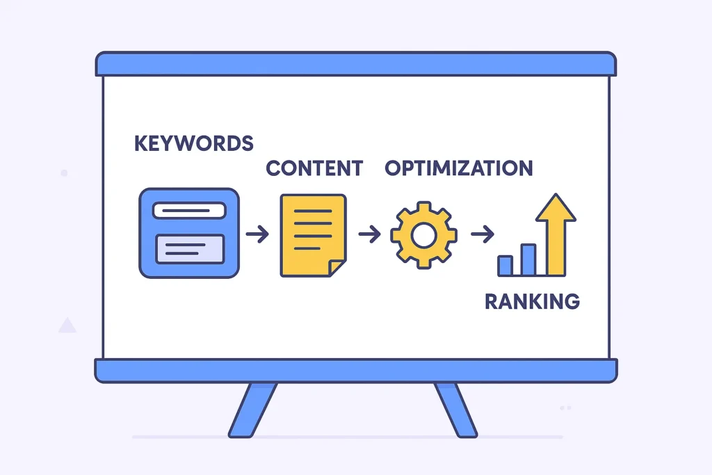 SEO content strategy flowchart showing the process from keywords to content creation, optimization, and ranking in a simple flat illustration.