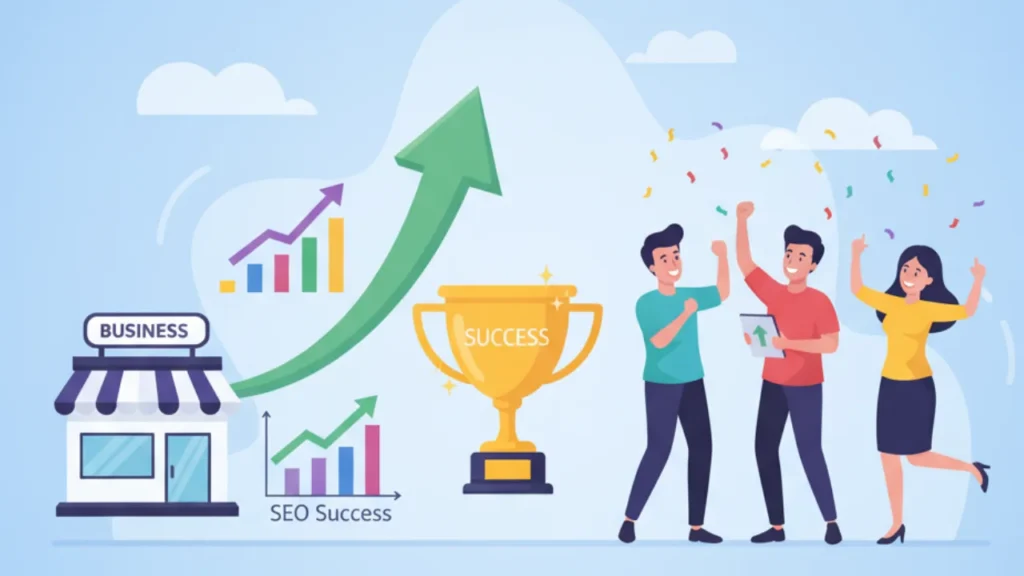 An illustration showing an upward growth arrow, a small shop with a rising SEO graph, and a team celebrating with a trophy to show business success.